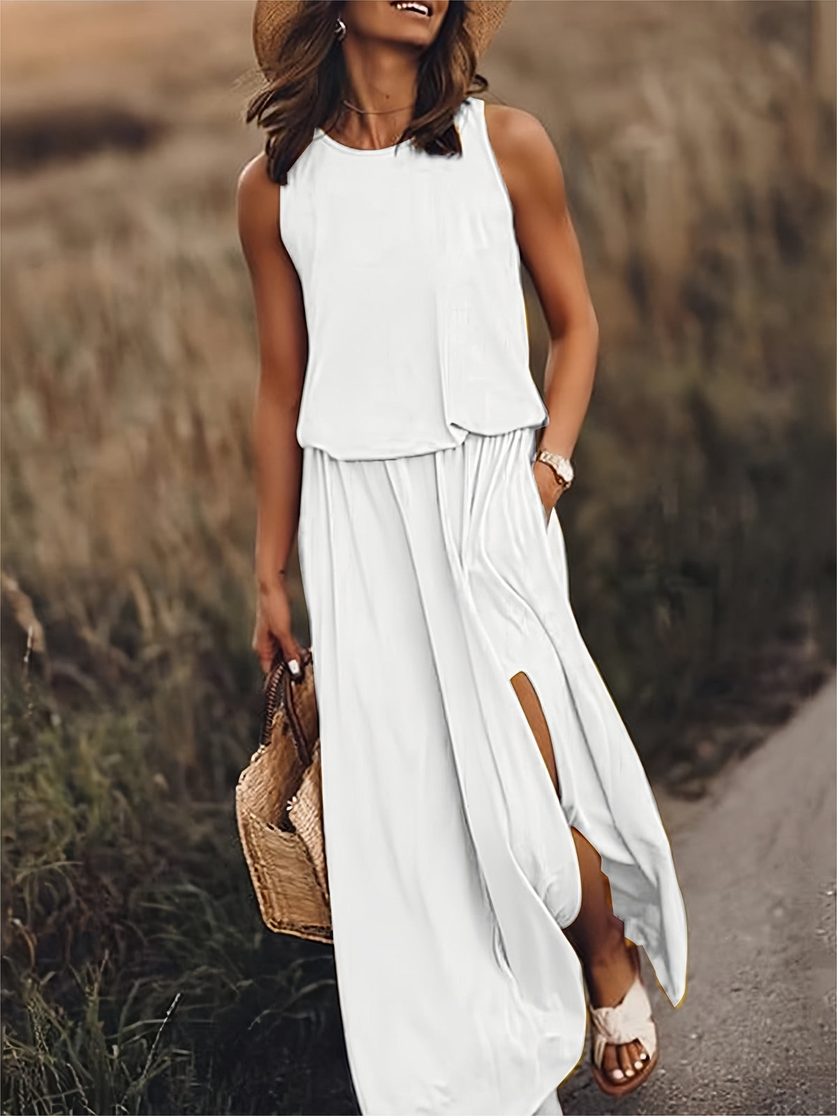 Sleeveless Blouson Maxi Dress with Elasticated Waist and Side Slits