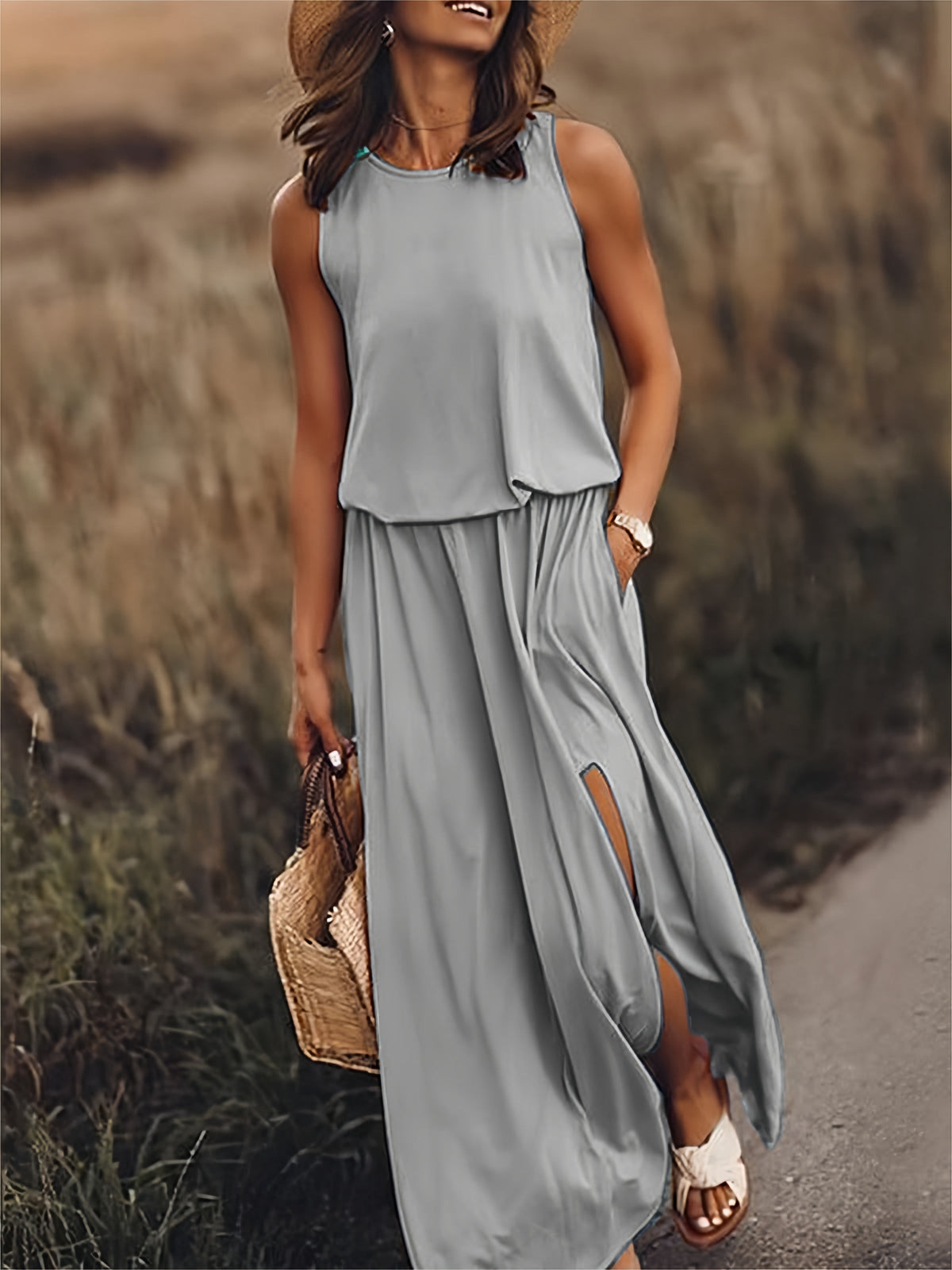 Sleeveless Blouson Maxi Dress with Elasticated Waist and Side Slits