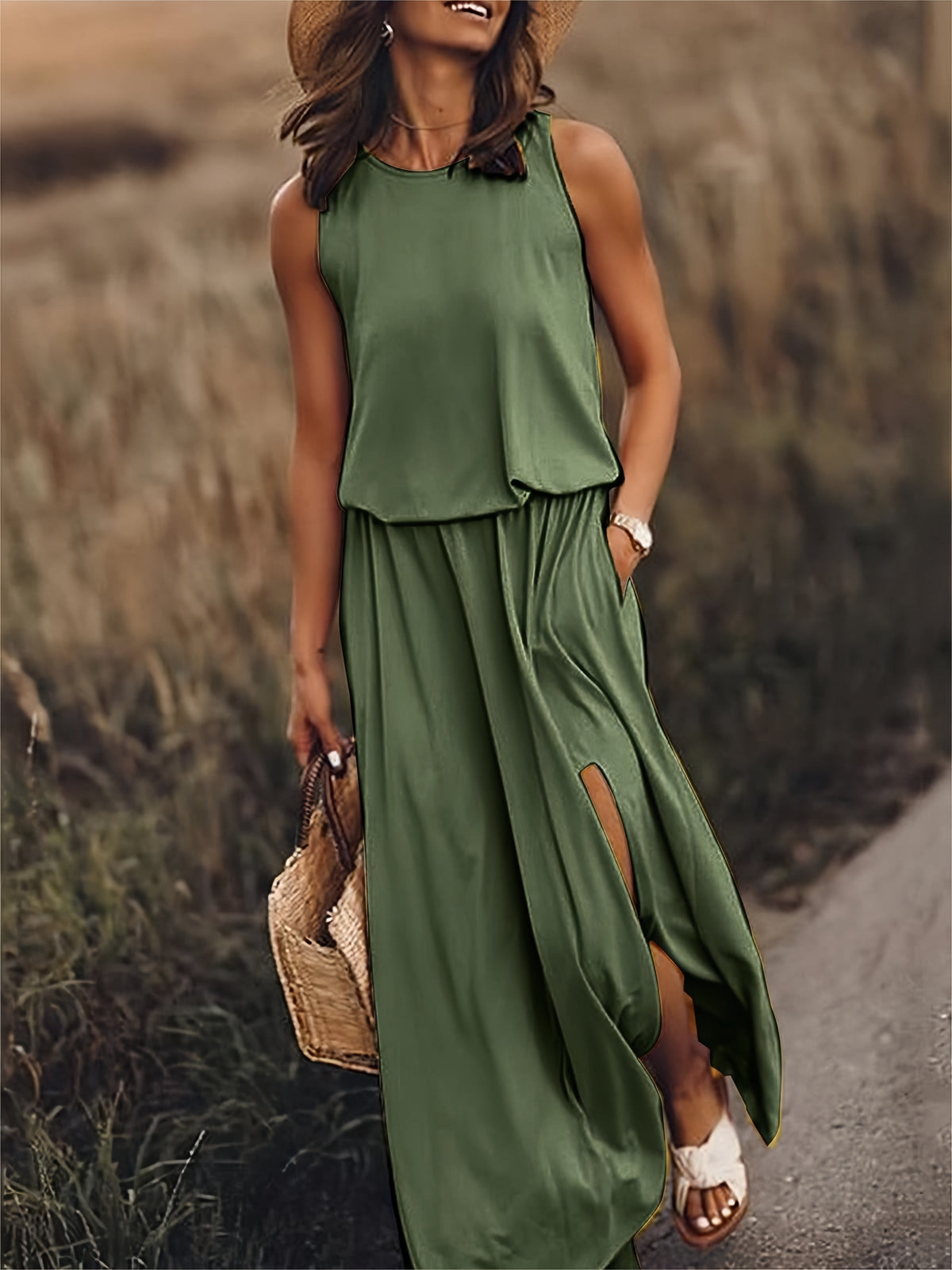 Sleeveless Blouson Maxi Dress with Elasticated Waist and Side Slits