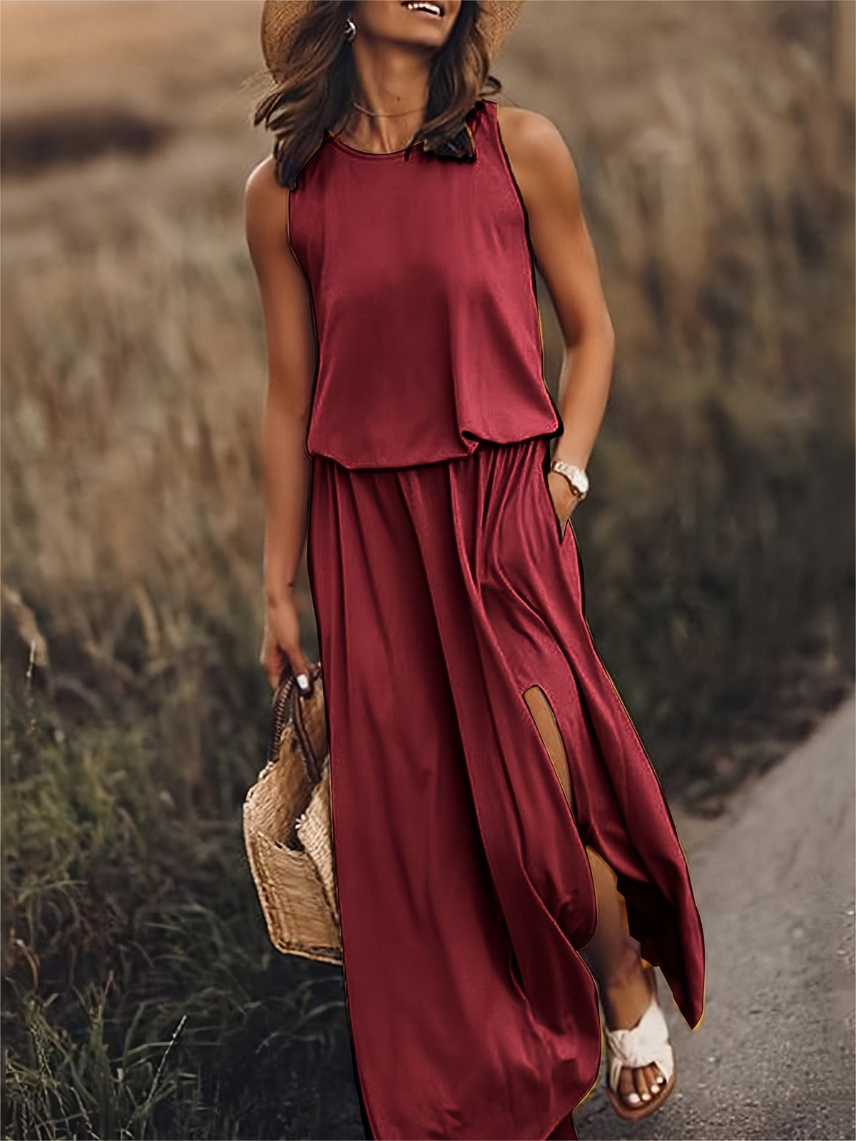 Sleeveless Blouson Maxi Dress with Elasticated Waist and Side Slits