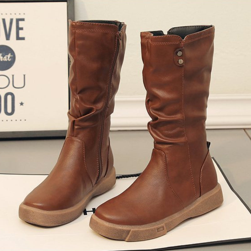 Slouchy Mid Calf Leather Boots with Chunky Flat Sole