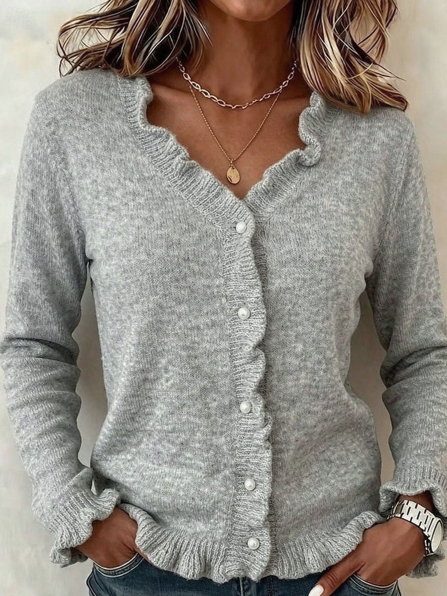 Soft Knit Cardigan with Frill Trim and V-Neckline