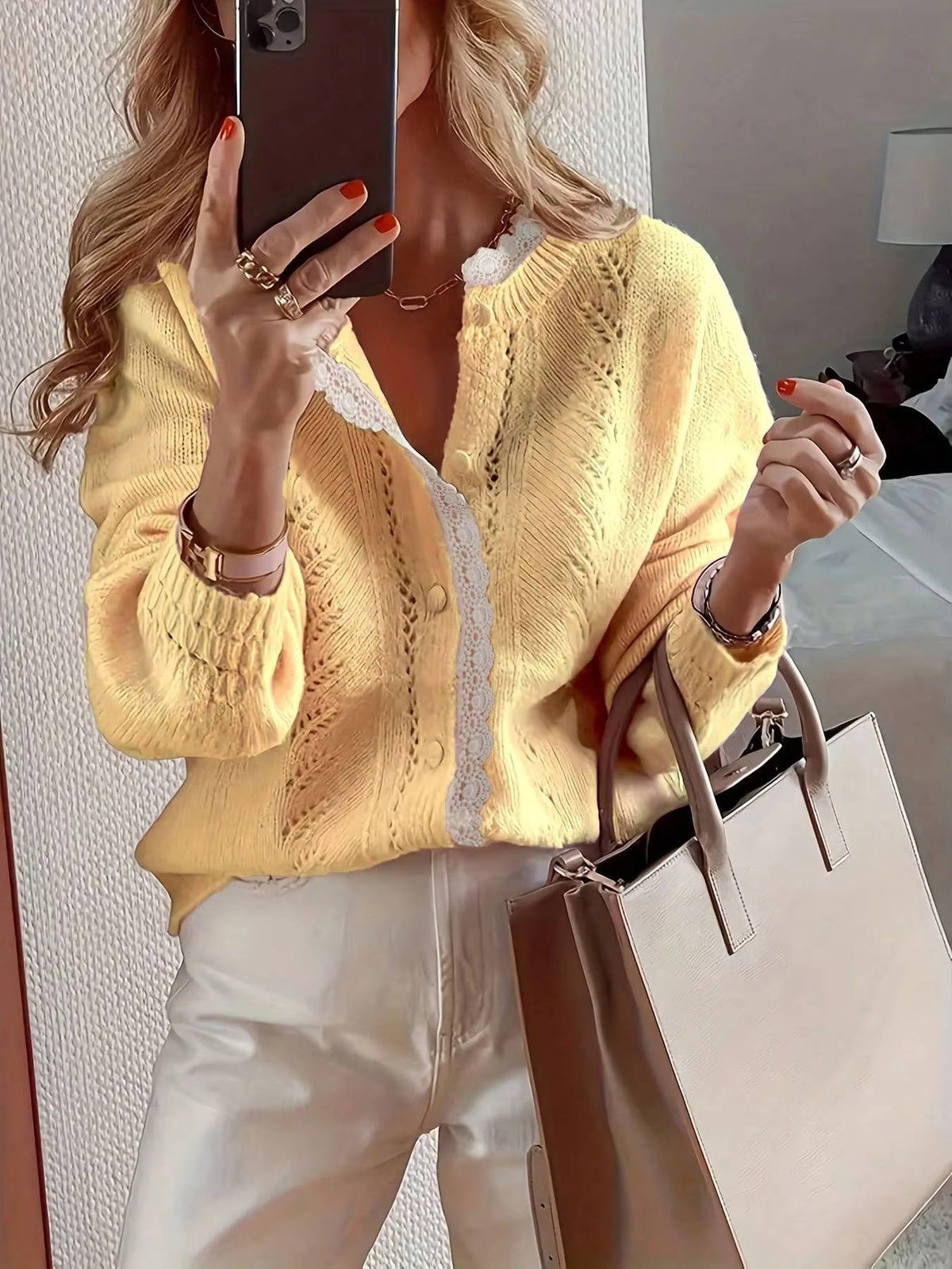 Soft Knit Cardigan with White Lace Trim and Round Neck