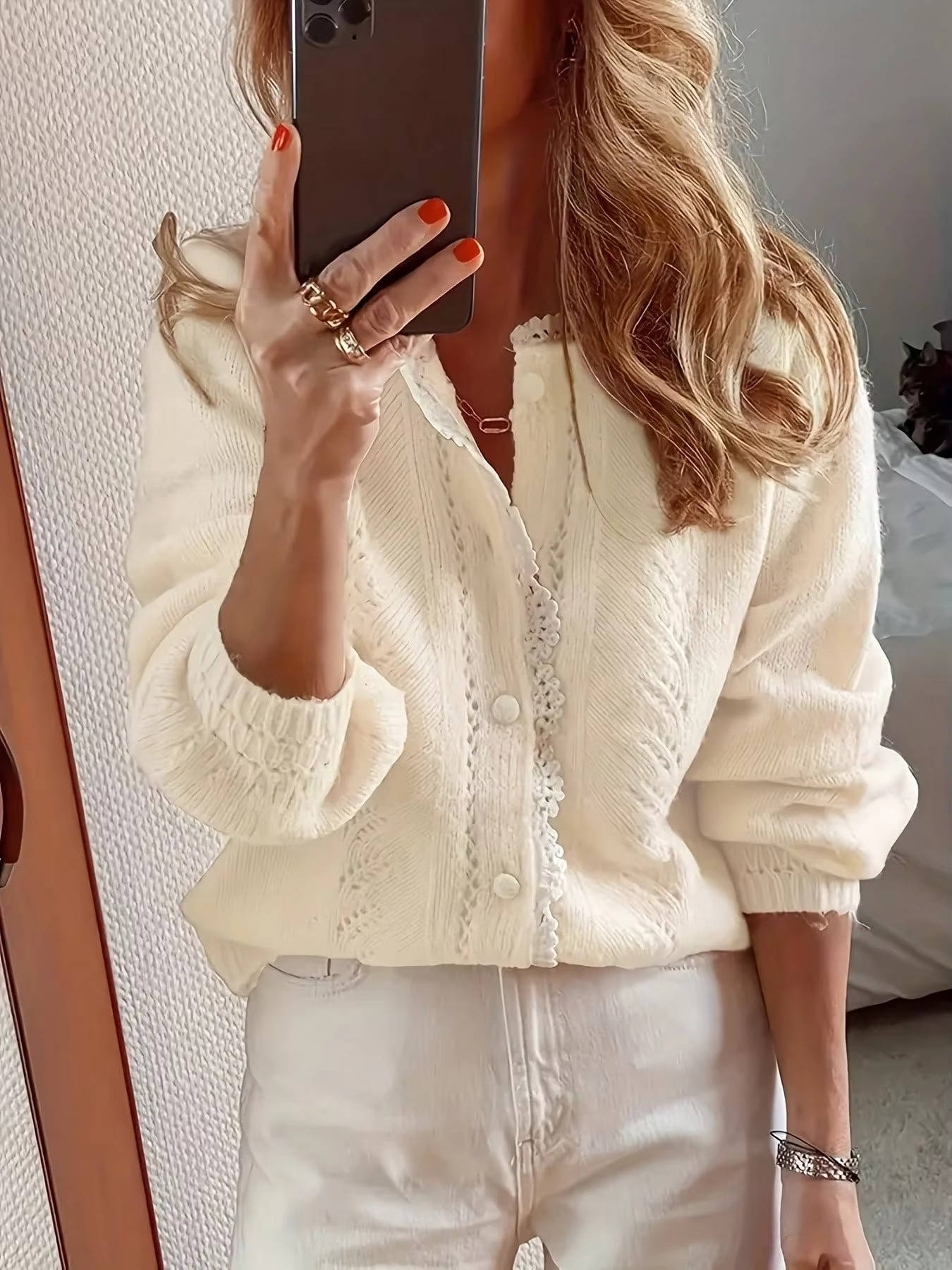 Soft Knit Cardigan with White Lace Trim and Round Neck