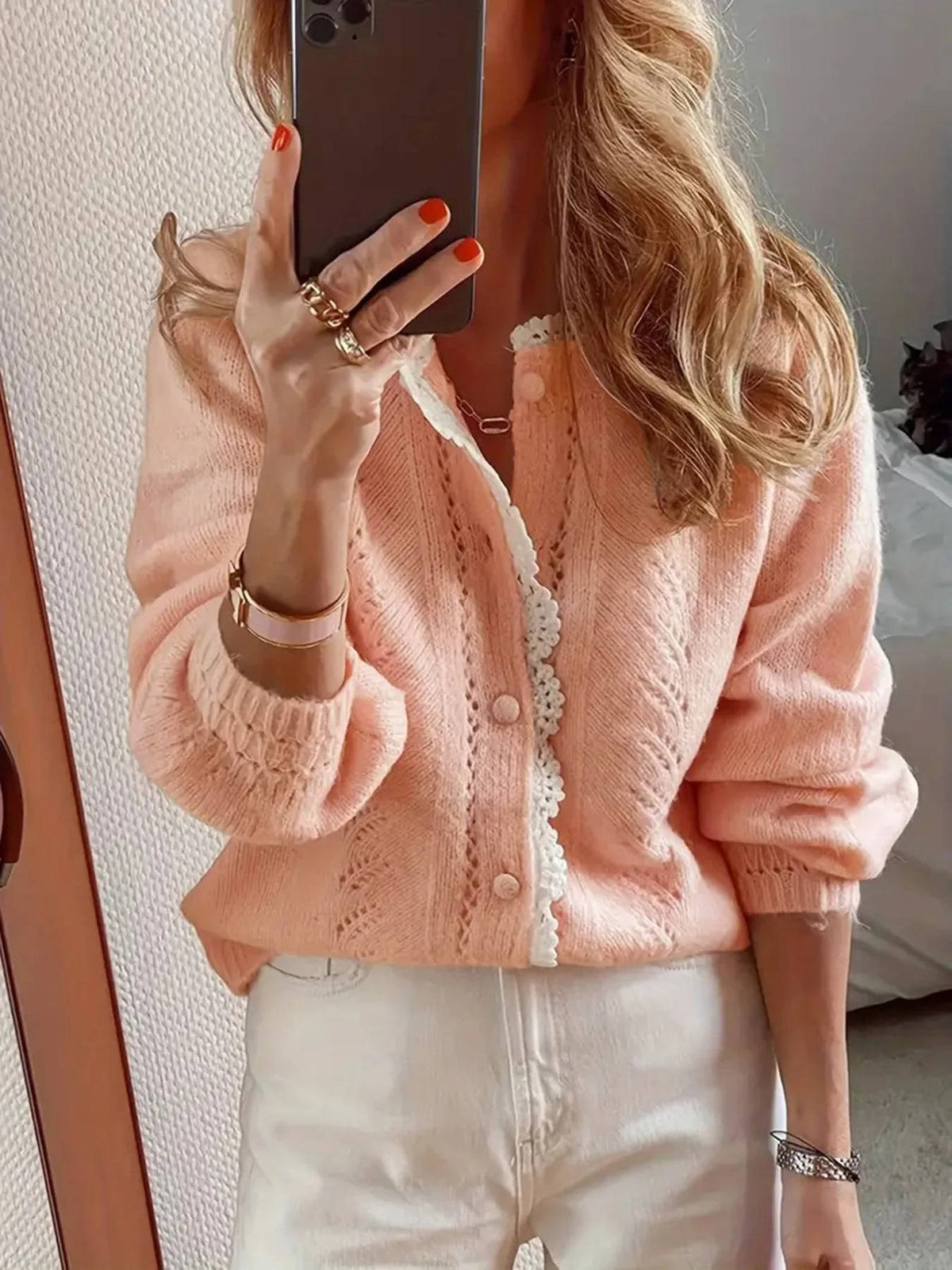 Soft Knit Cardigan with White Lace Trim and Round Neck