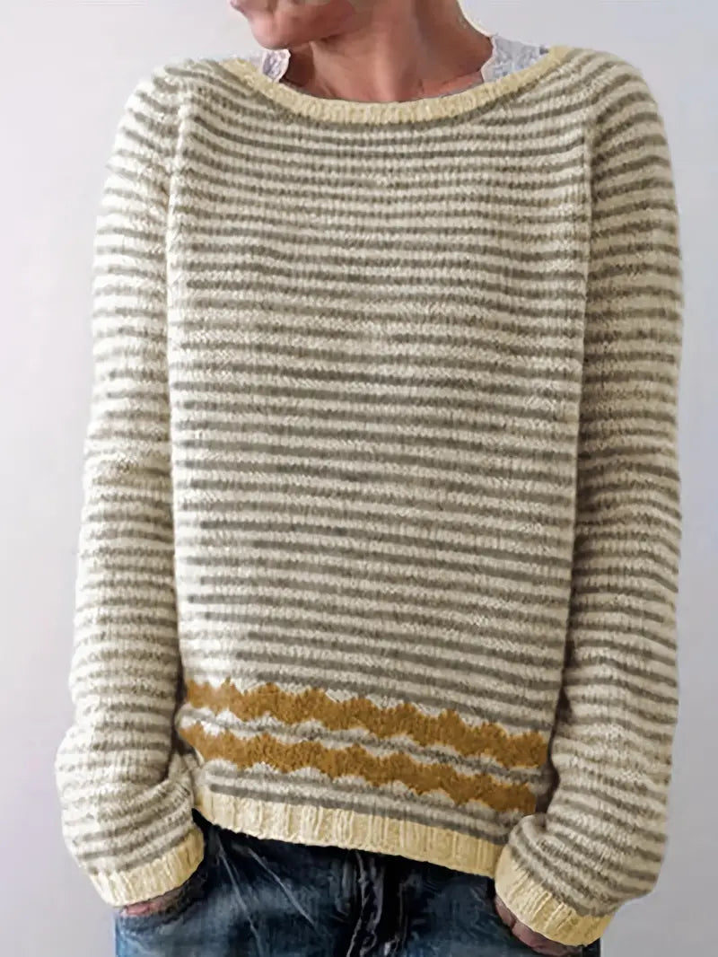 Soft Striped Knit Sweater with Patterned Hem