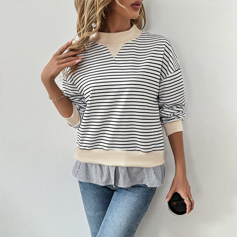 Striped Sweatshirt with Layered Shirt Hem and Mock Neck