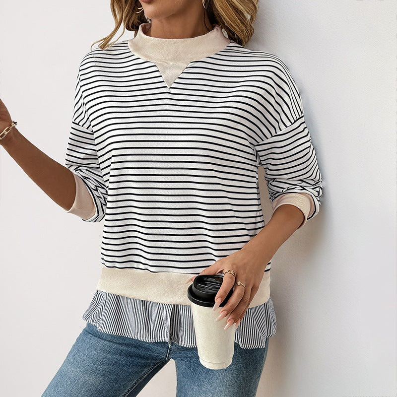 Striped Sweatshirt with Layered Shirt Hem and Mock Neck