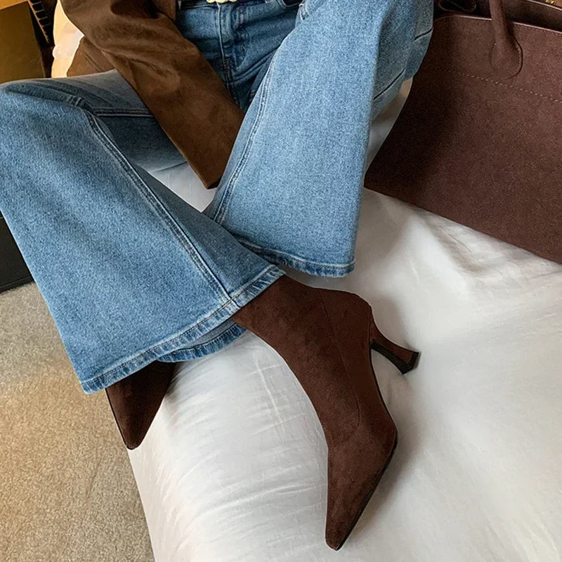 Suede Pointed Toe Heeled Ankle Boots with Stiletto Heel
