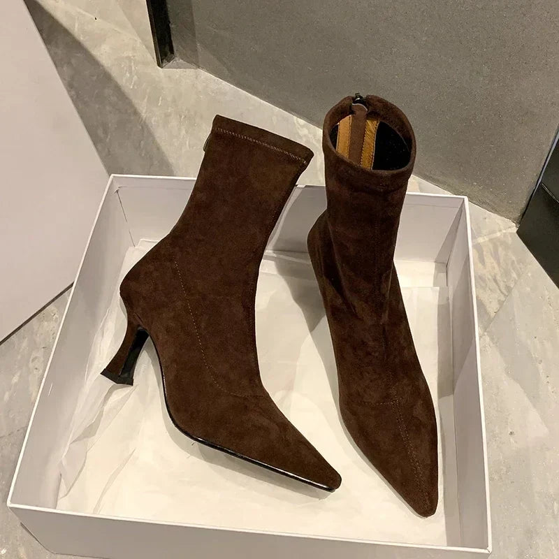 Suede Pointed Toe Heeled Ankle Boots with Stiletto Heel