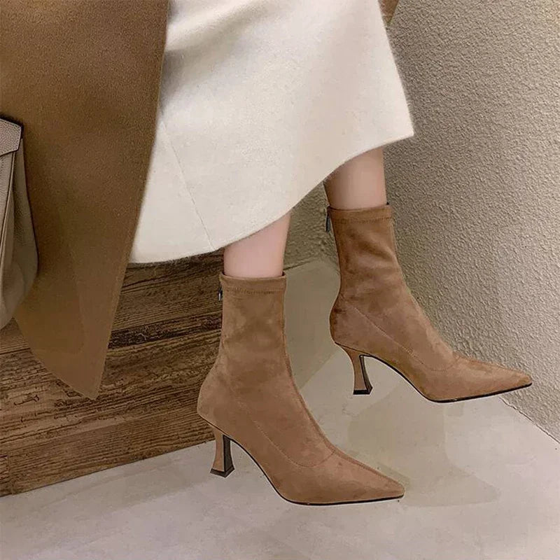 Suede Pointed Toe Heeled Ankle Boots with Stiletto Heel