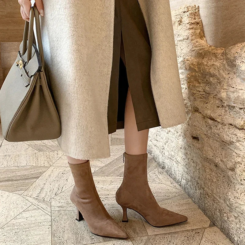Suede Pointed Toe Heeled Ankle Boots with Stiletto Heel