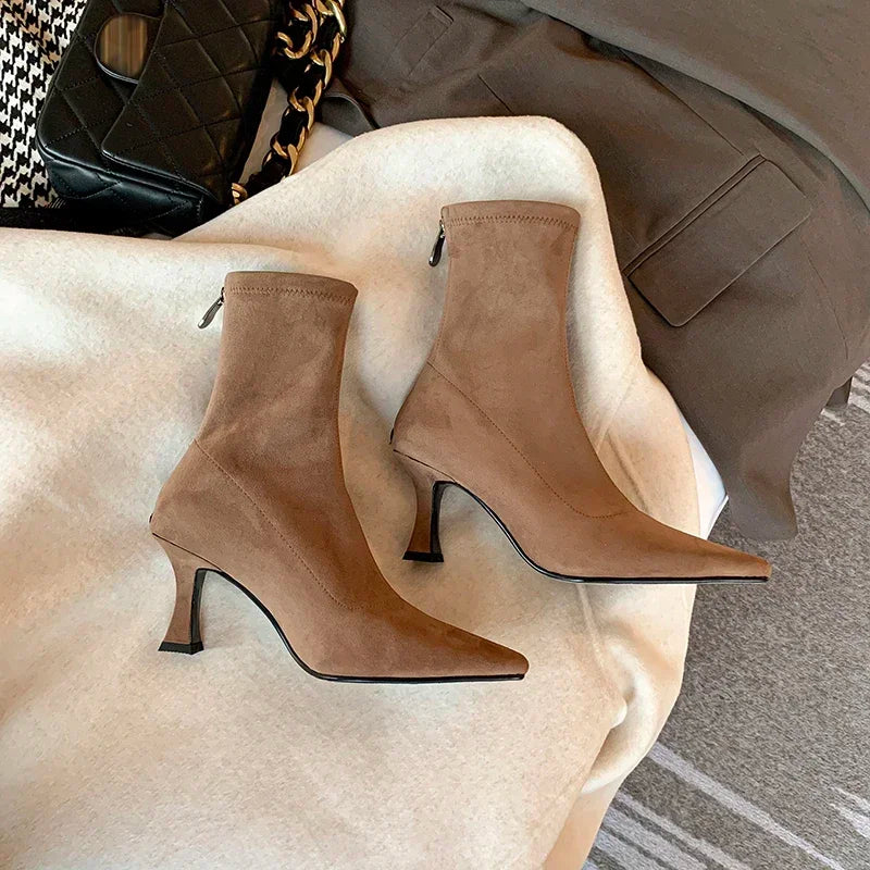Suede Pointed Toe Heeled Ankle Boots with Stiletto Heel