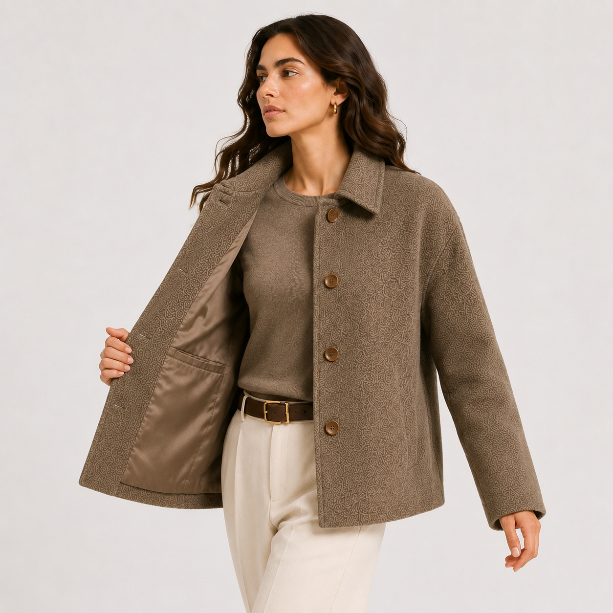 Taupe Relaxed Wool Jacket with Textured Finish and Satin Lining