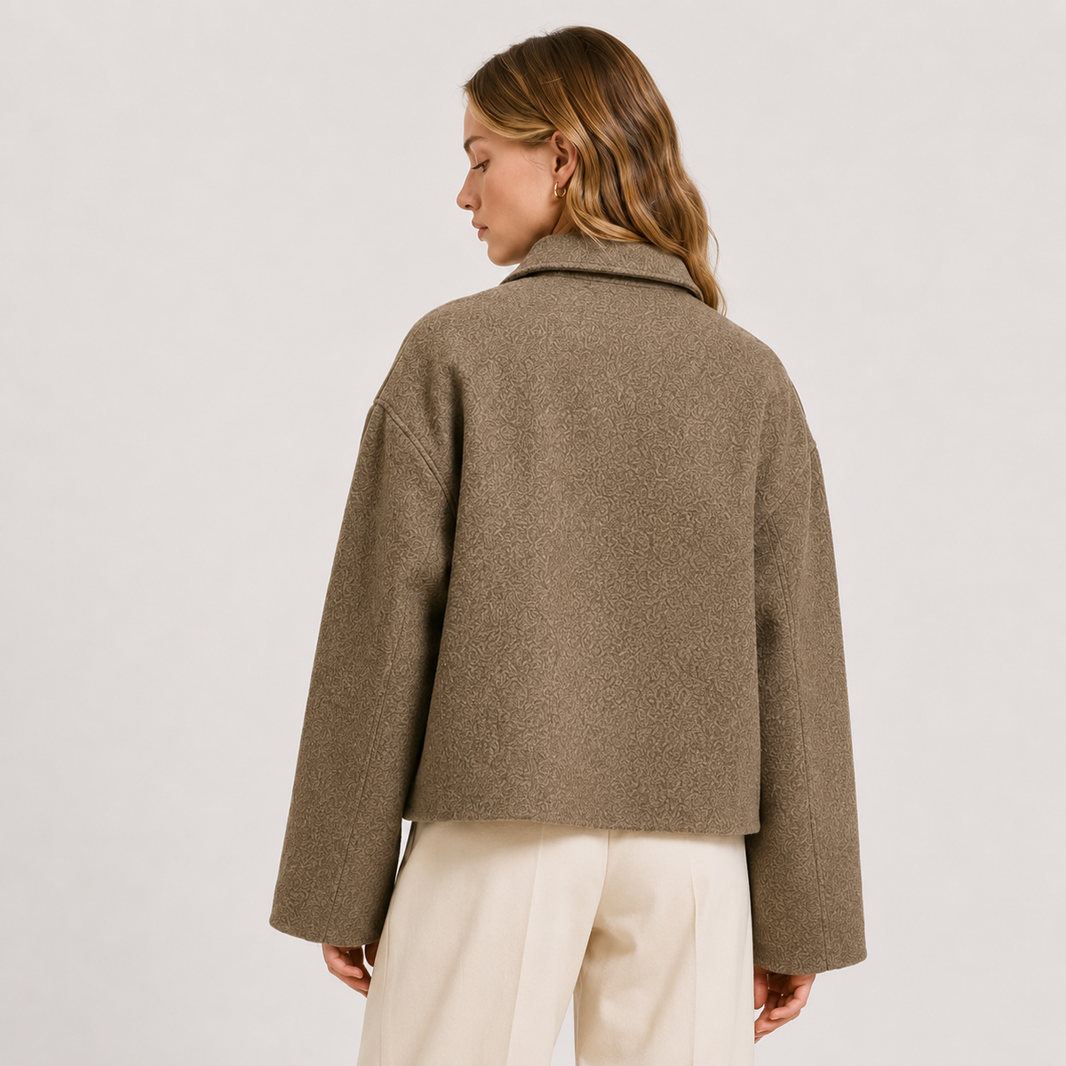 Taupe Relaxed Wool Jacket with Textured Finish and Satin Lining