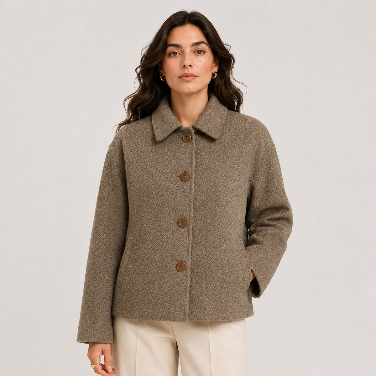 Taupe Relaxed Wool Jacket with Textured Finish and Satin Lining