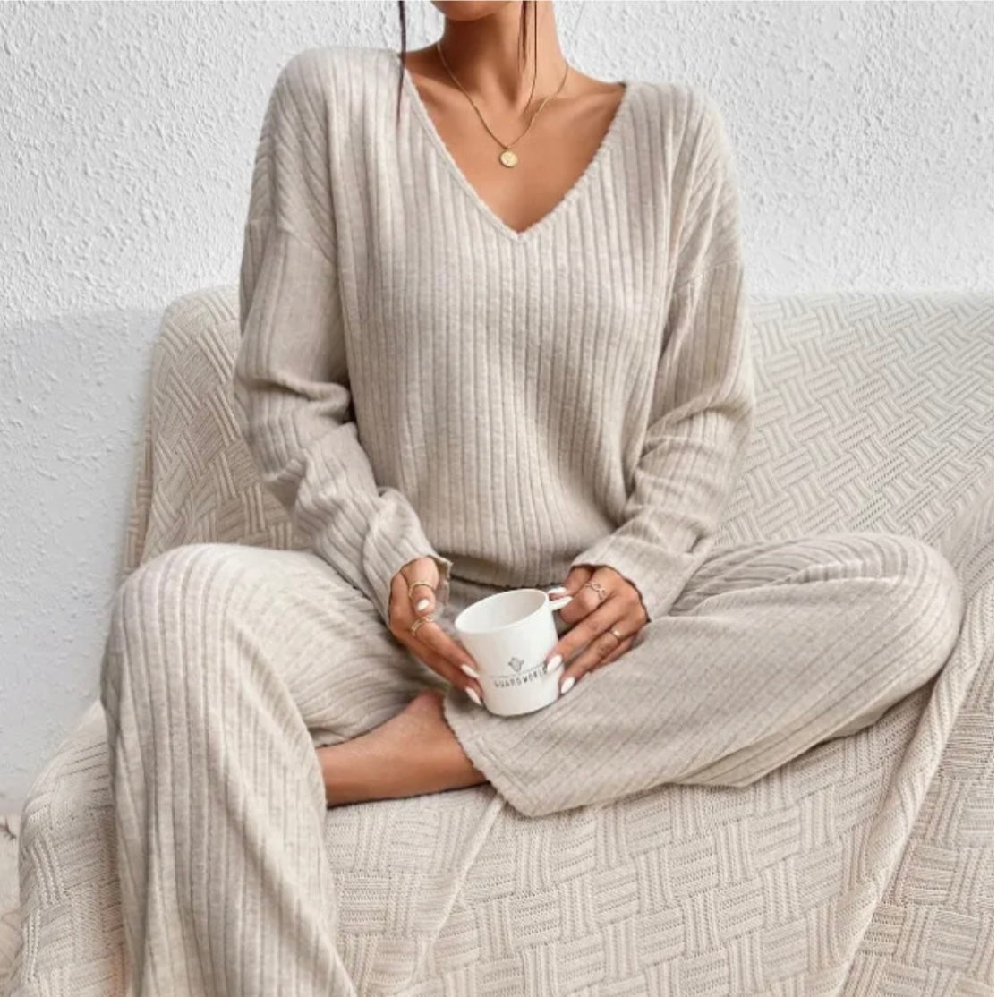 Two Piece Ribbed Knit Lounge Set with V-Neck Top and Wide Leg Trousers
