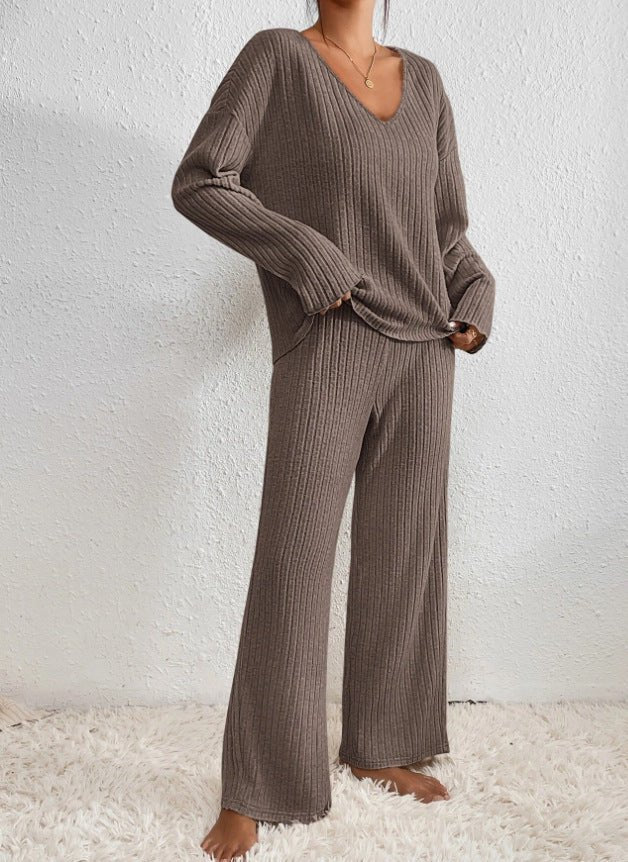 Two Piece Ribbed Knit Lounge Set with V-Neck Top and Wide Leg Trousers