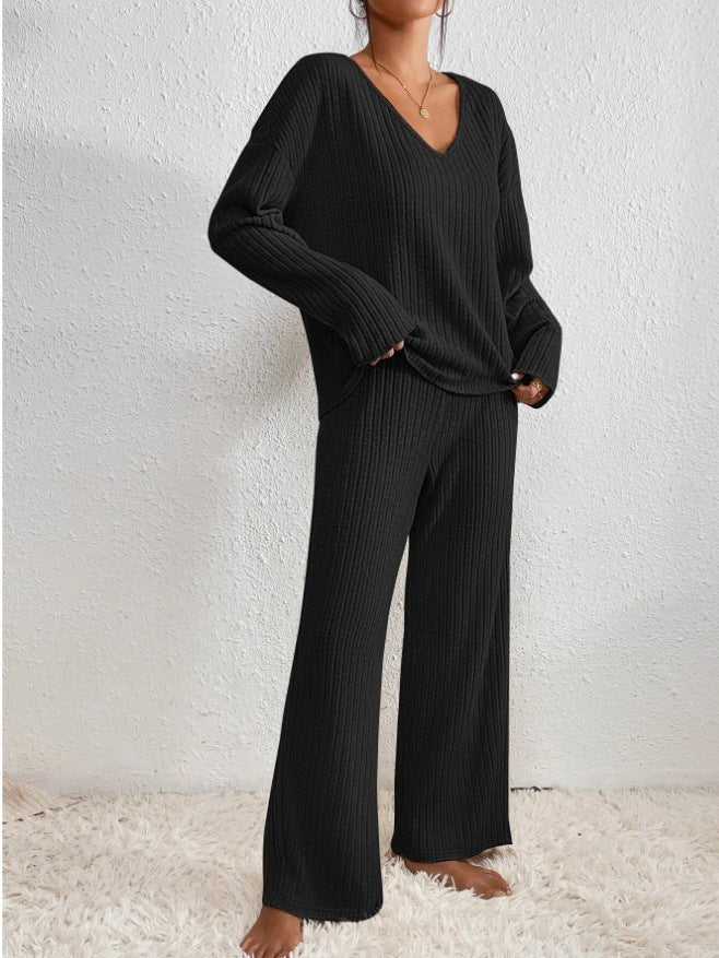 Two Piece Ribbed Knit Lounge Set with V-Neck Top and Wide Leg Trousers