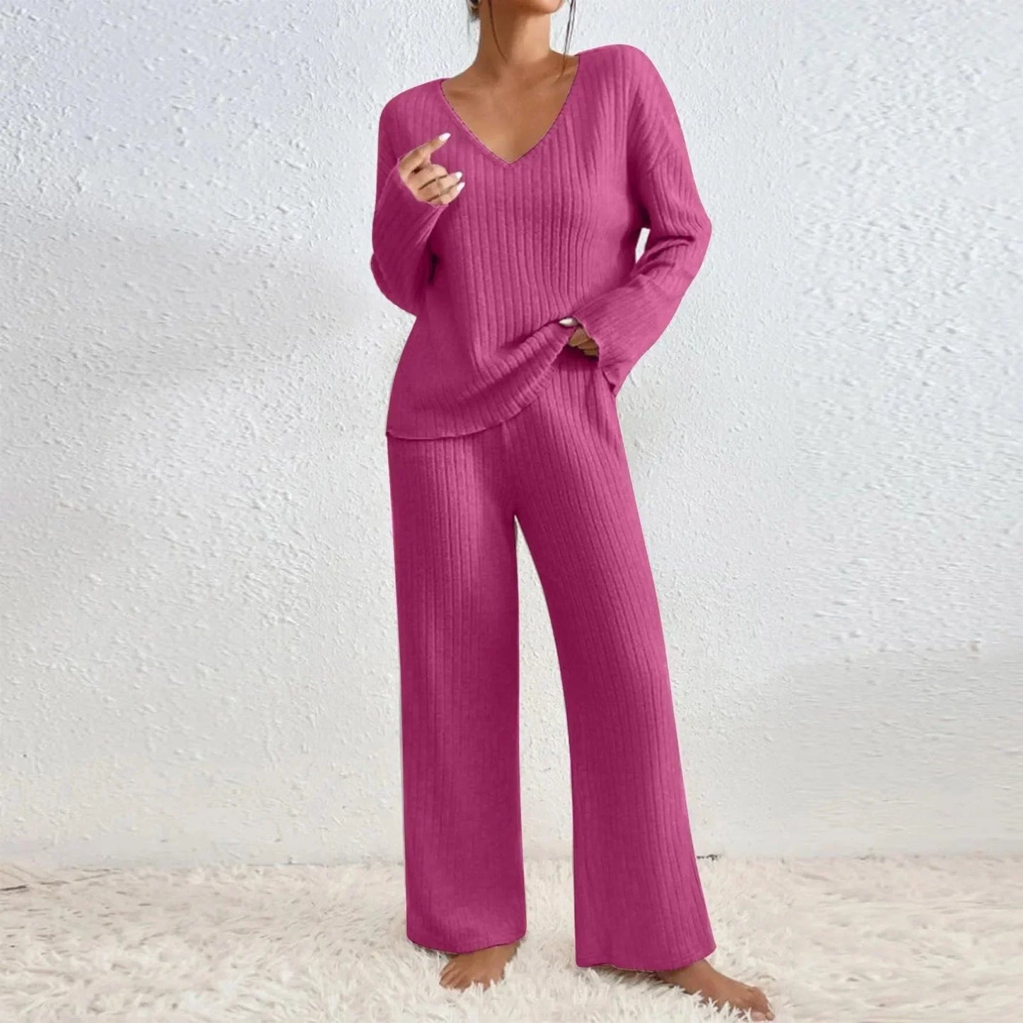 Two Piece Ribbed Knit Lounge Set with V-Neck Top and Wide Leg Trousers