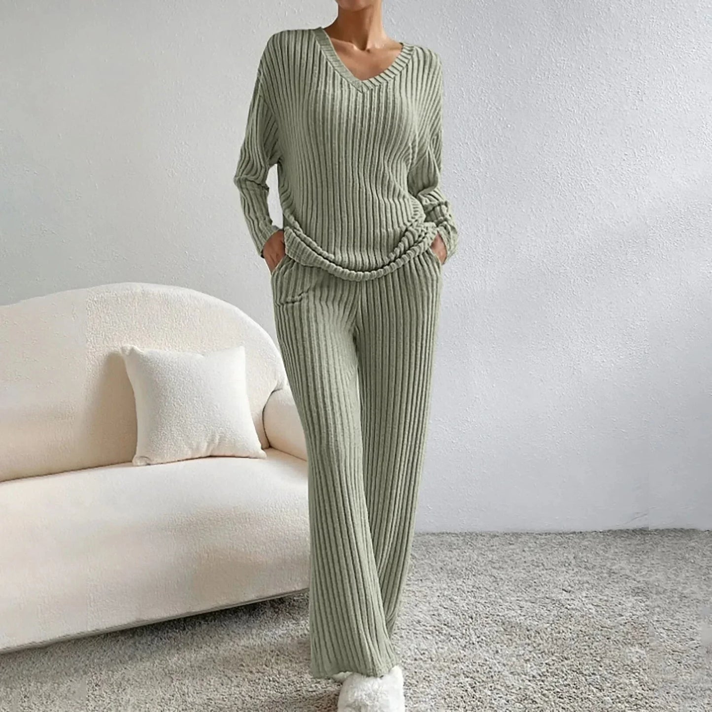 Two Piece Ribbed Knit Lounge Set with V-Neck Top and Wide Leg Trousers