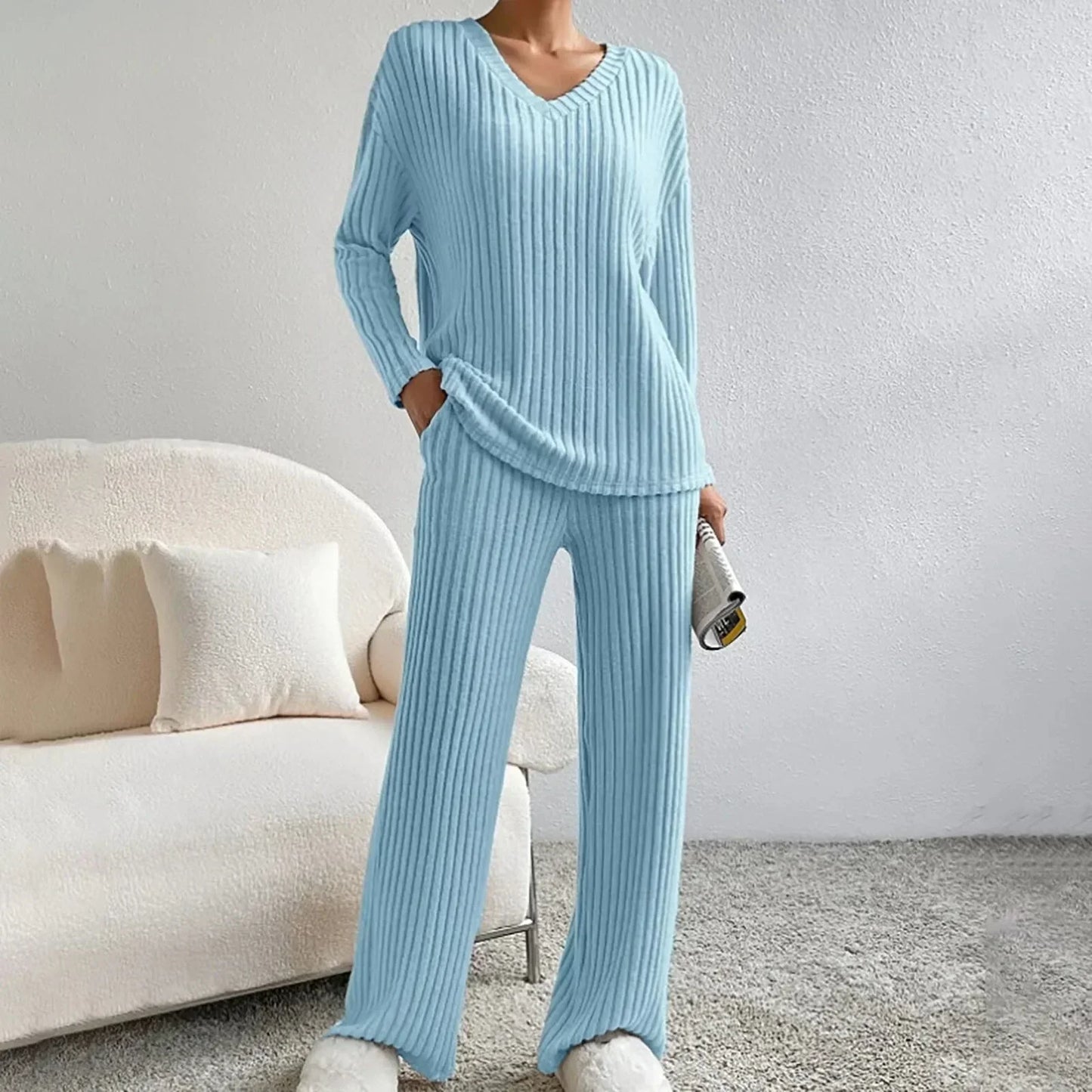 Two Piece Ribbed Knit Lounge Set with V-Neck Top and Wide Leg Trousers