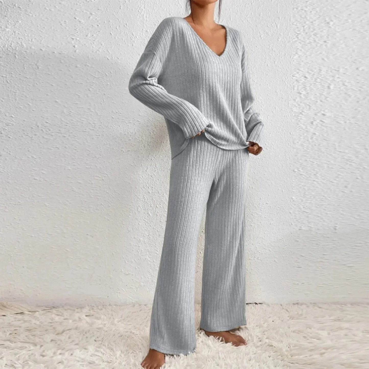 Two Piece Ribbed Knit Lounge Set with V-Neck Top and Wide Leg Trousers