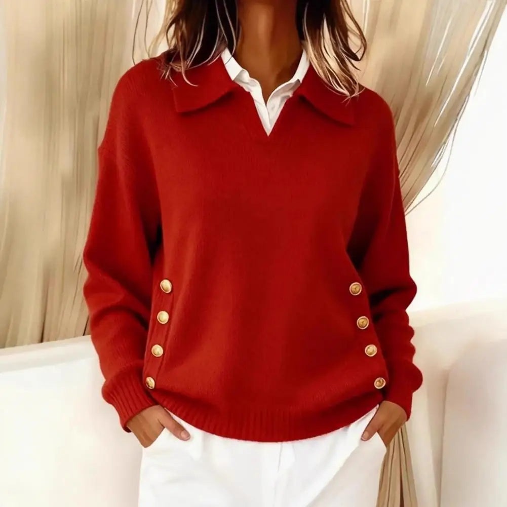 V-Neck Knit Sweater with Gold Button Detail