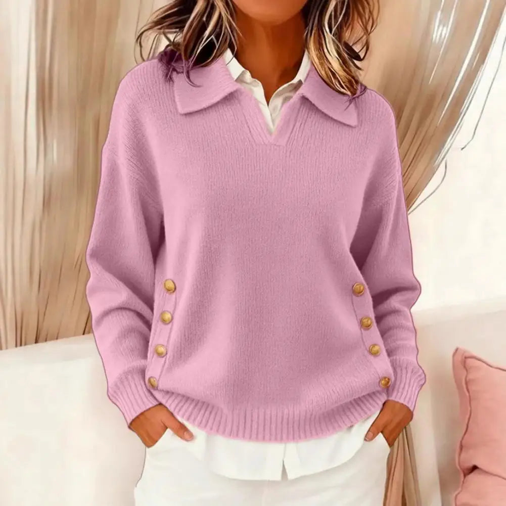 V-Neck Knit Sweater with Gold Button Detail