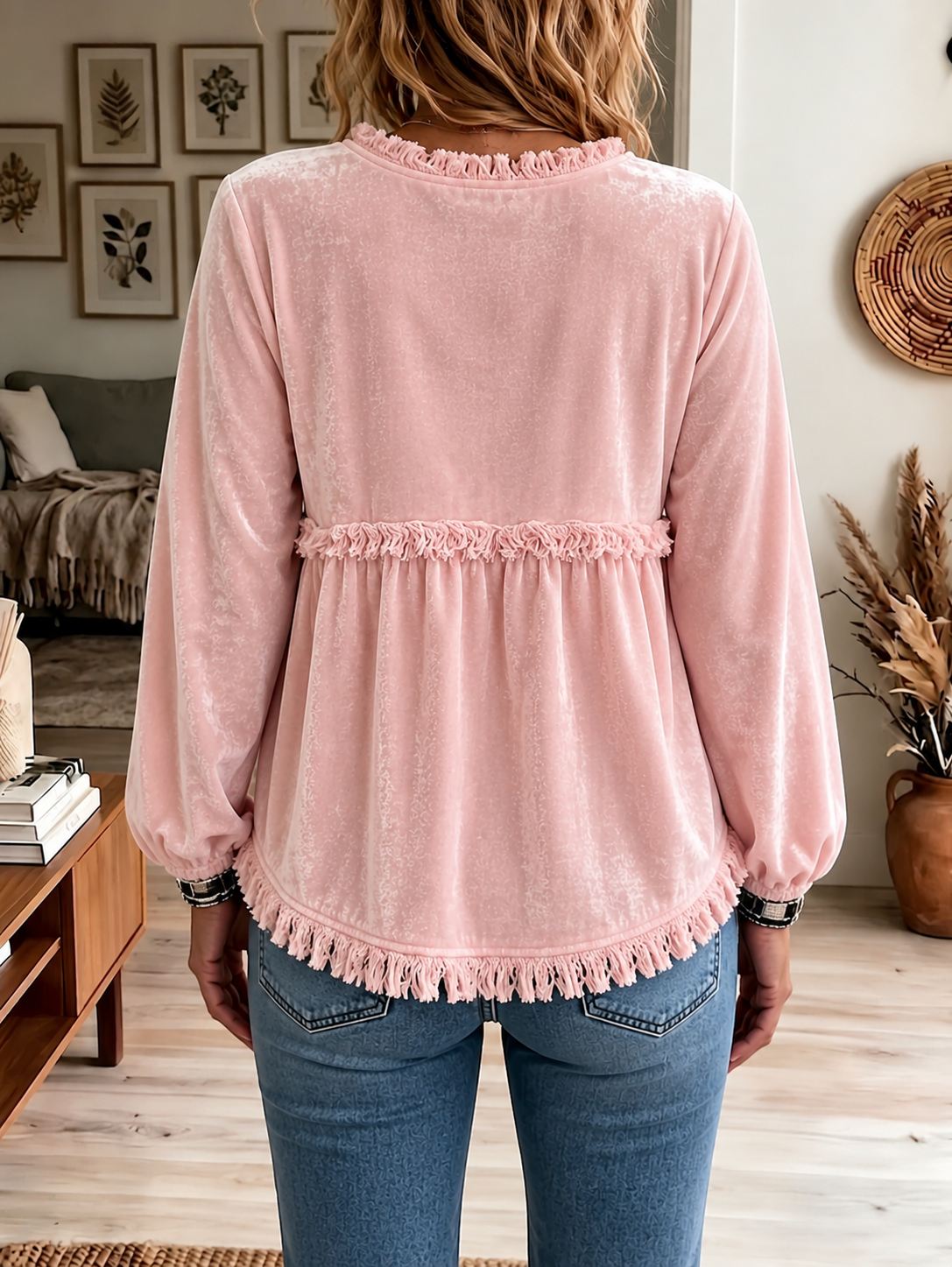 Velvet Long Sleeve Top with Fringe Trim Detail