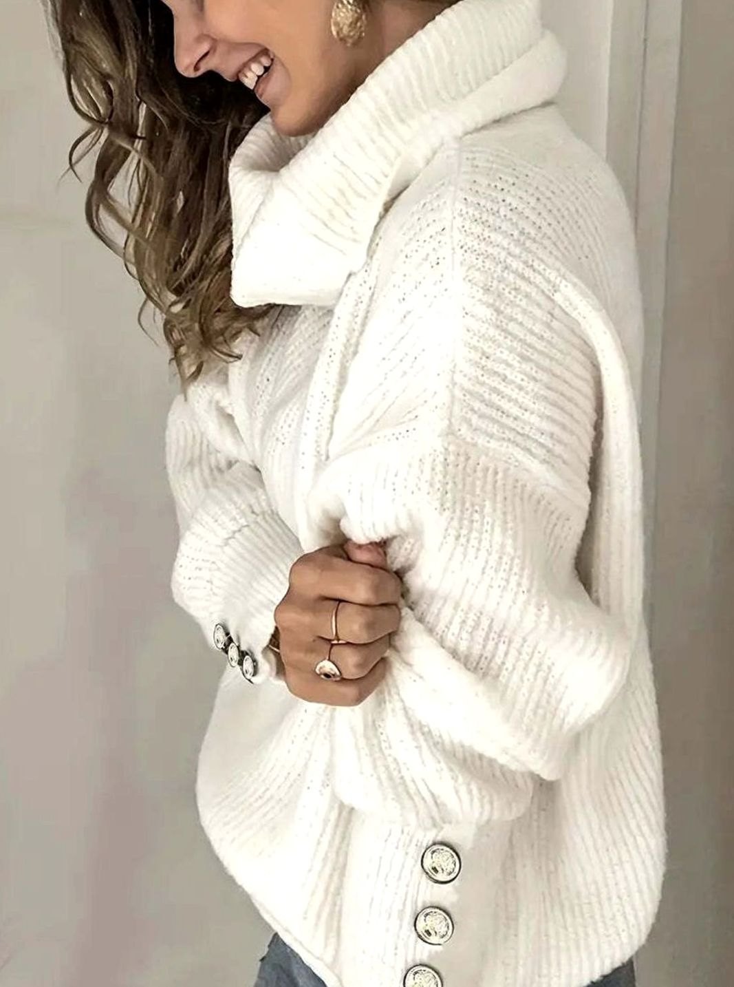 Warm Turtleneck Knit Sweater with Button Cuffs
