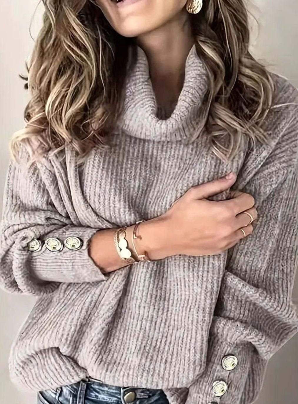Warm Turtleneck Knit Sweater with Button Cuffs