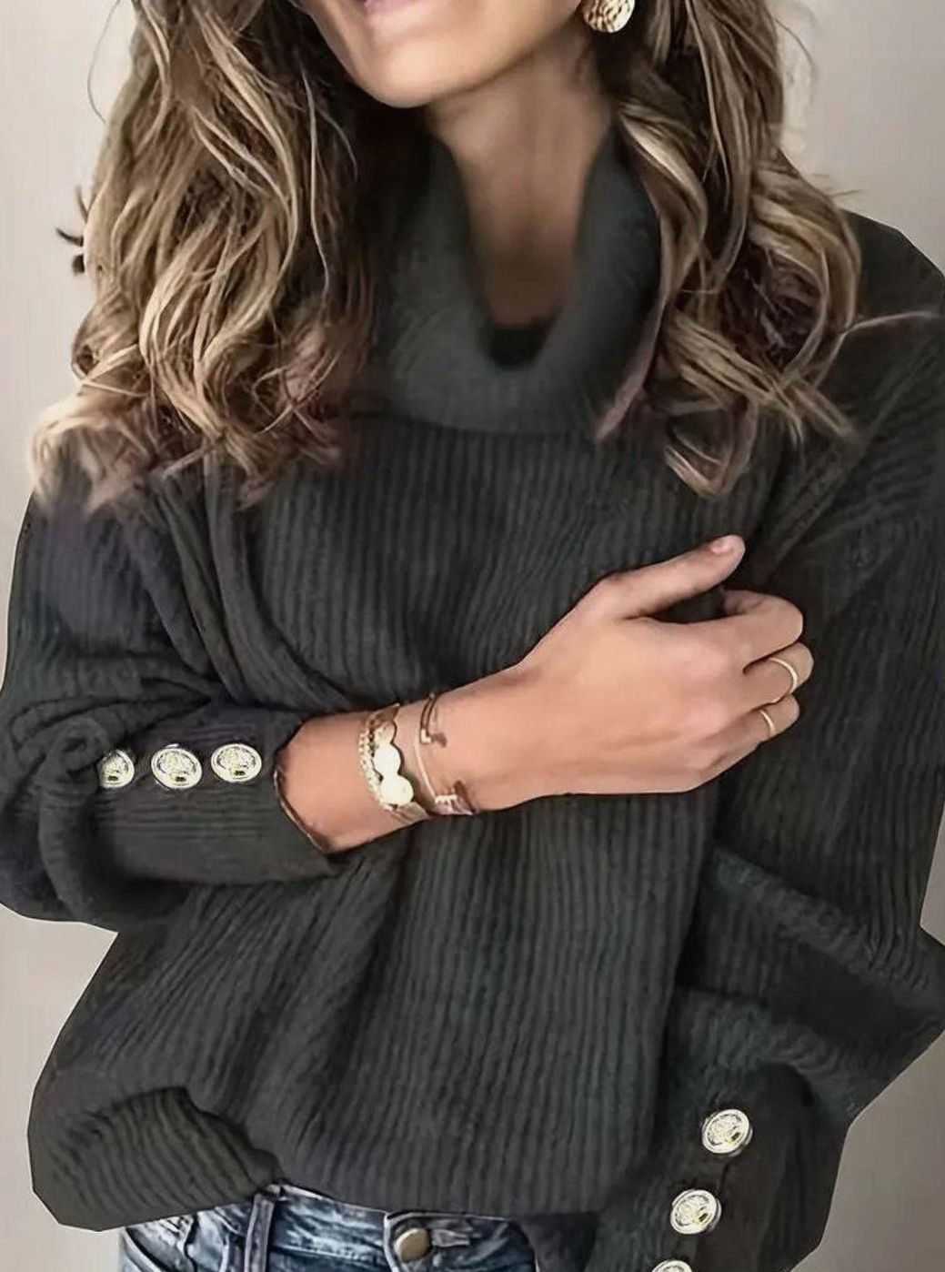 Warm Turtleneck Knit Sweater with Button Cuffs
