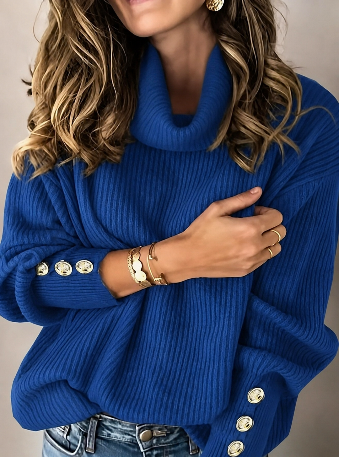 Warm Turtleneck Knit Sweater with Button Cuffs