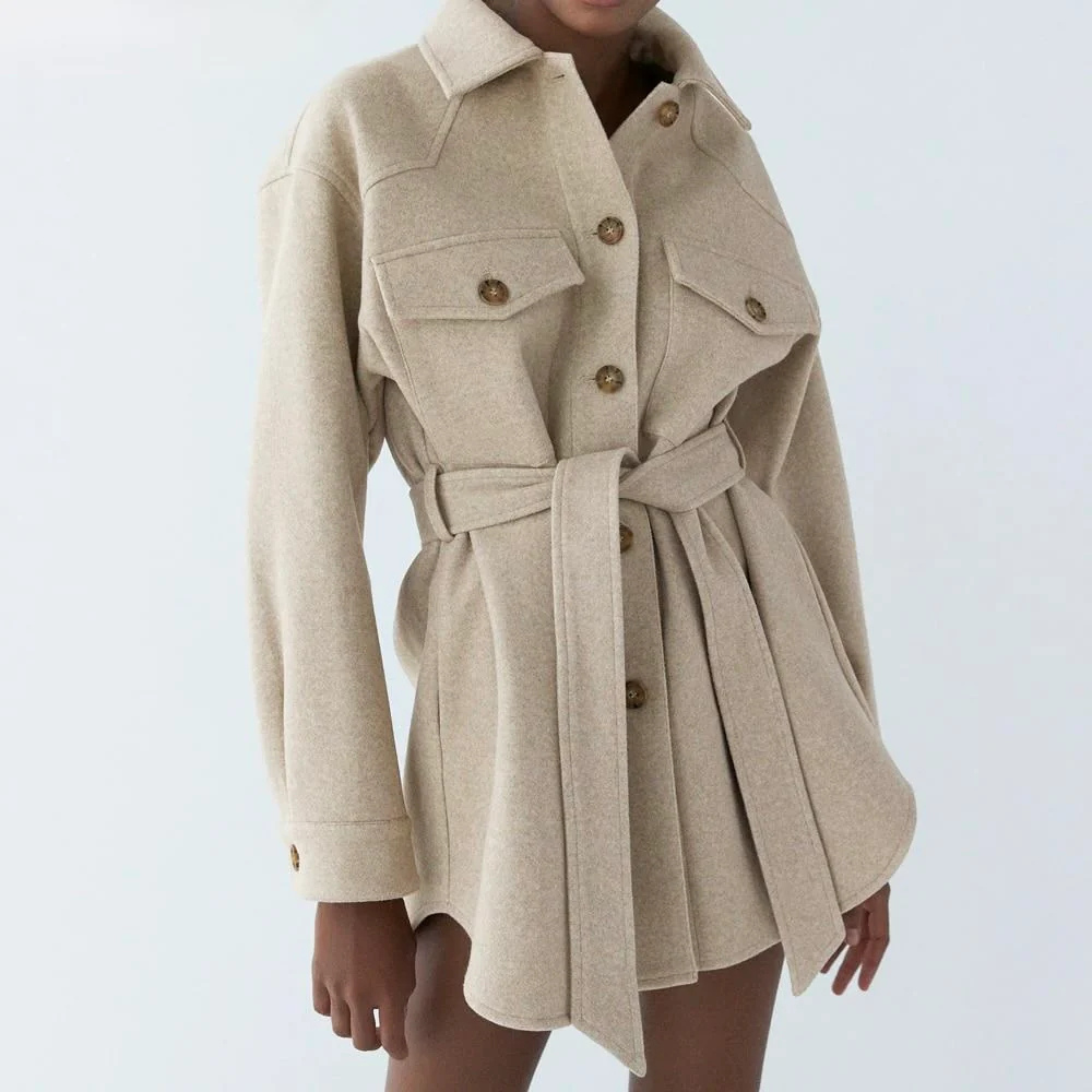 Women's Belted Shacket with Button Front and Chest Pockets