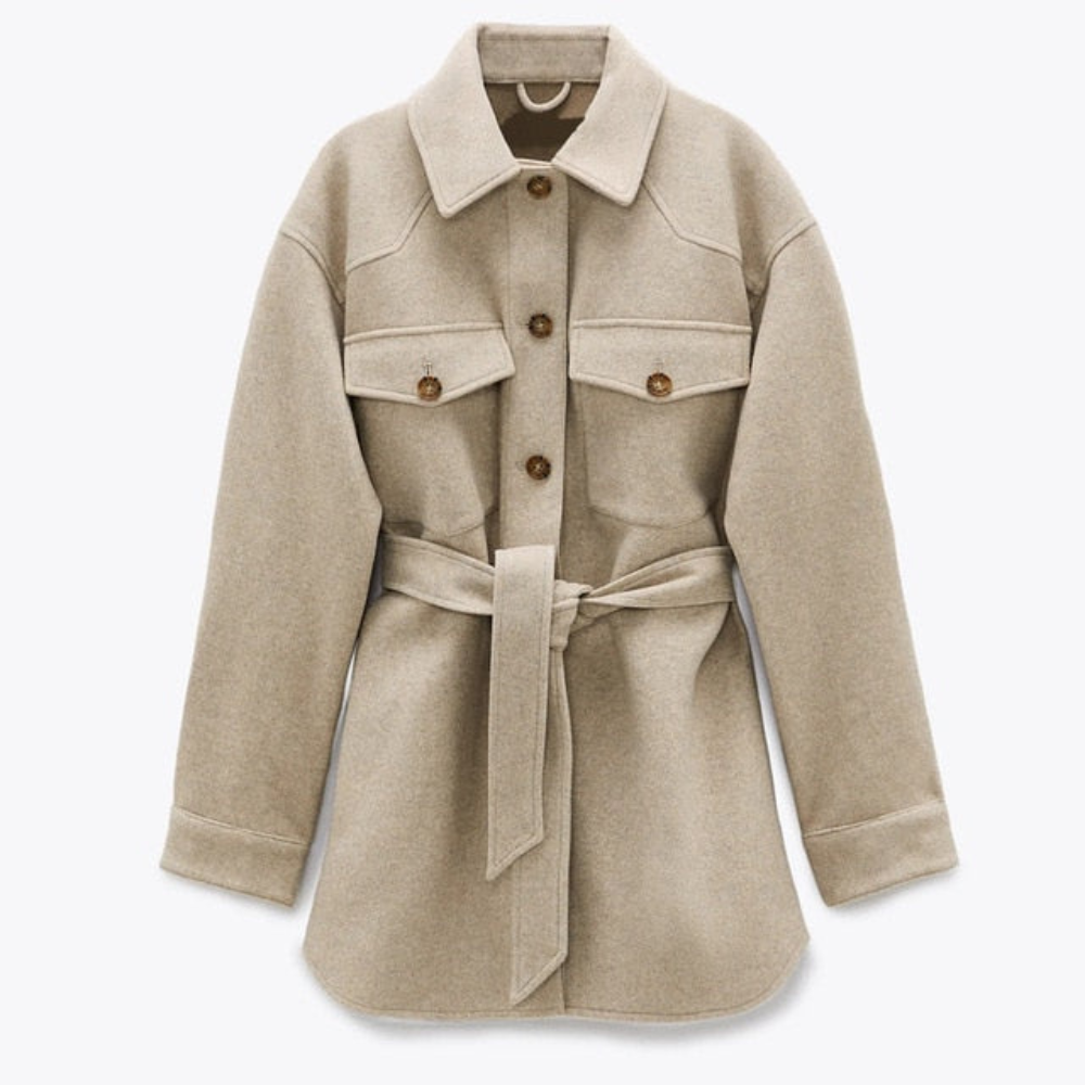 Women's Belted Shacket with Button Front and Chest Pockets