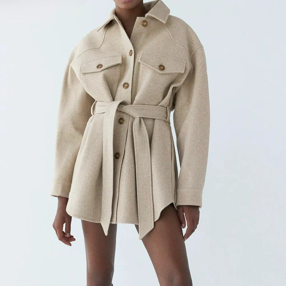 Women's Belted Shacket with Button Front and Chest Pockets