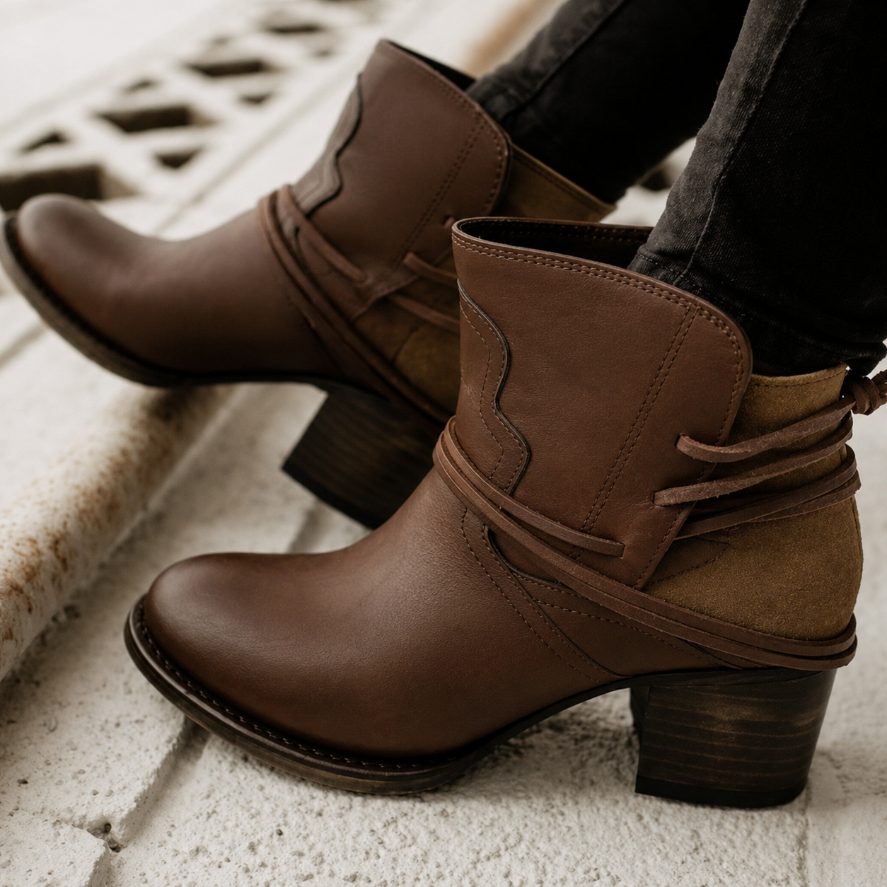 Western Ankle Boots with Wrap Lace Detail and Block Heel
