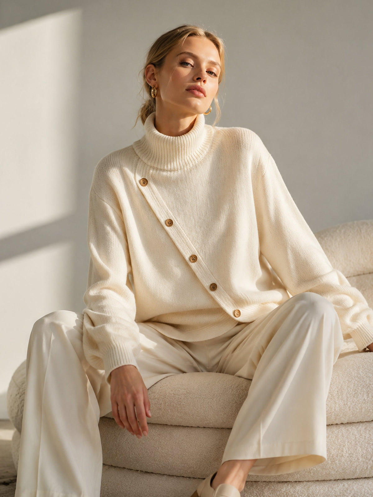 White Oversized Turtleneck Sweater with Diagonal Wood Buttons