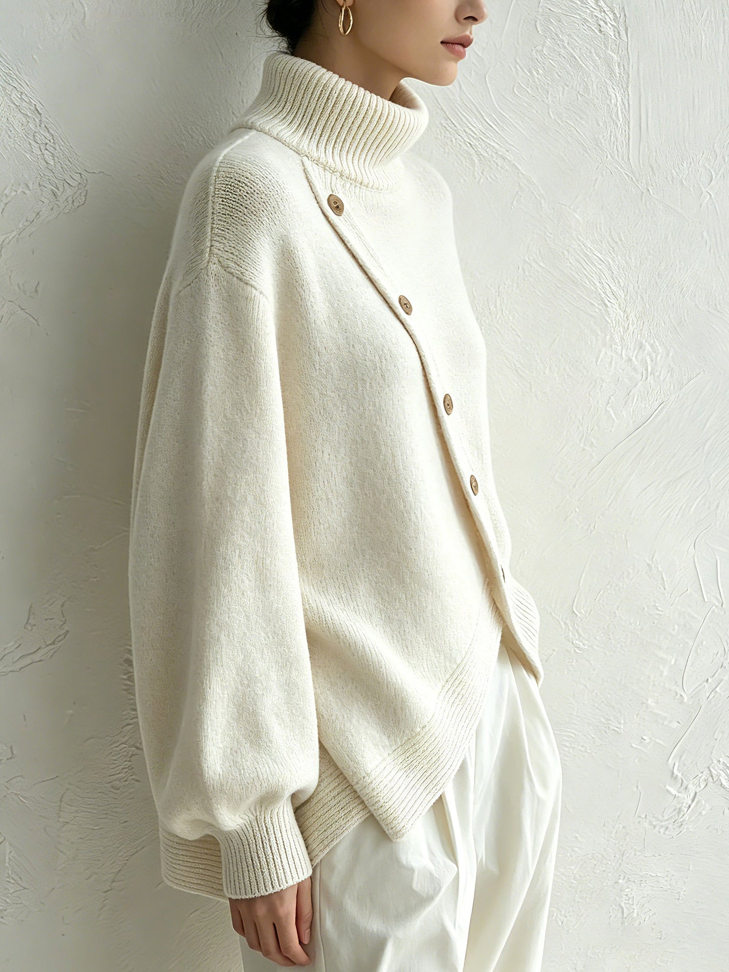 White Oversized Turtleneck Sweater with Diagonal Wood Buttons