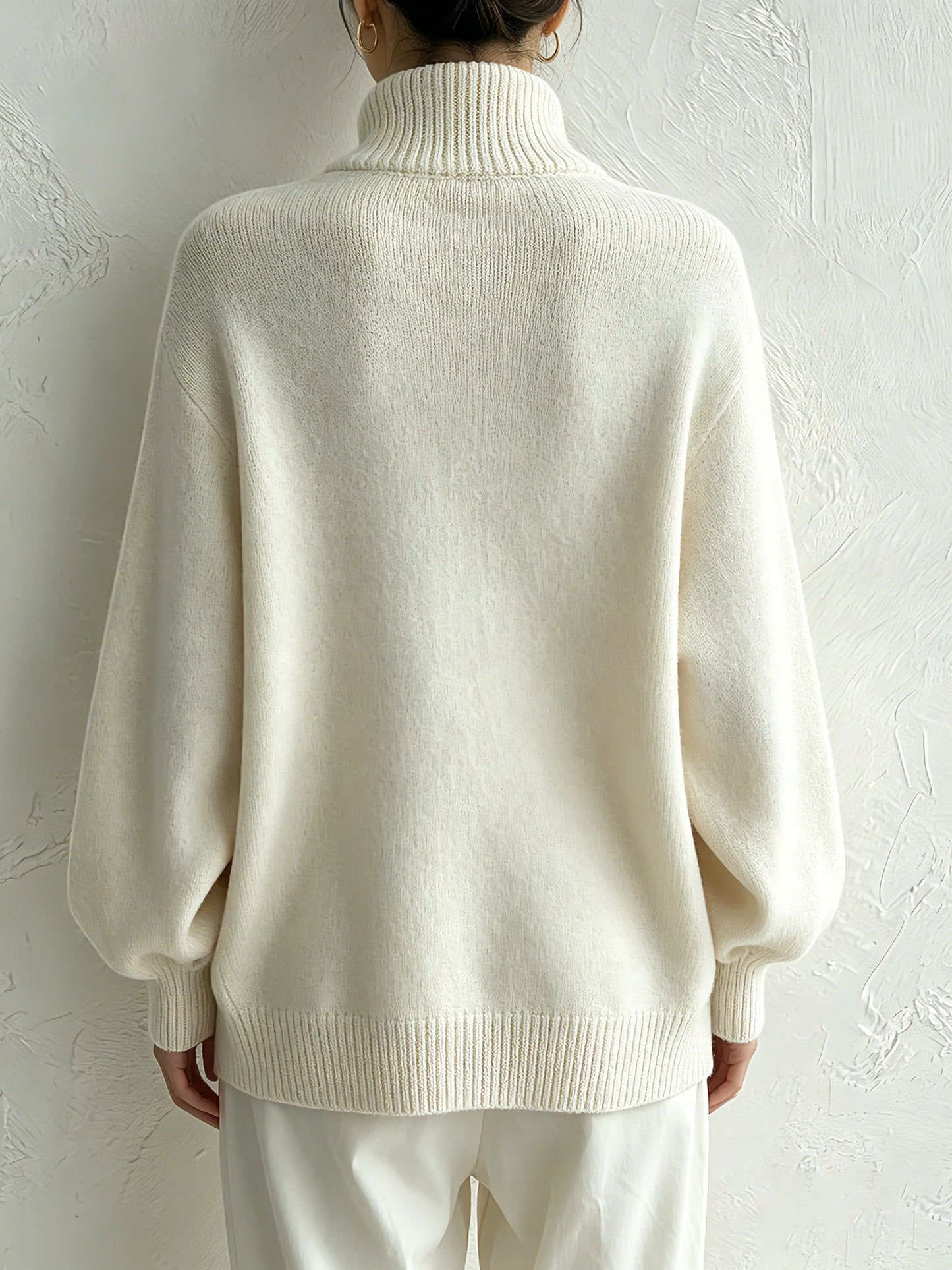 White Oversized Turtleneck Sweater with Diagonal Wood Buttons