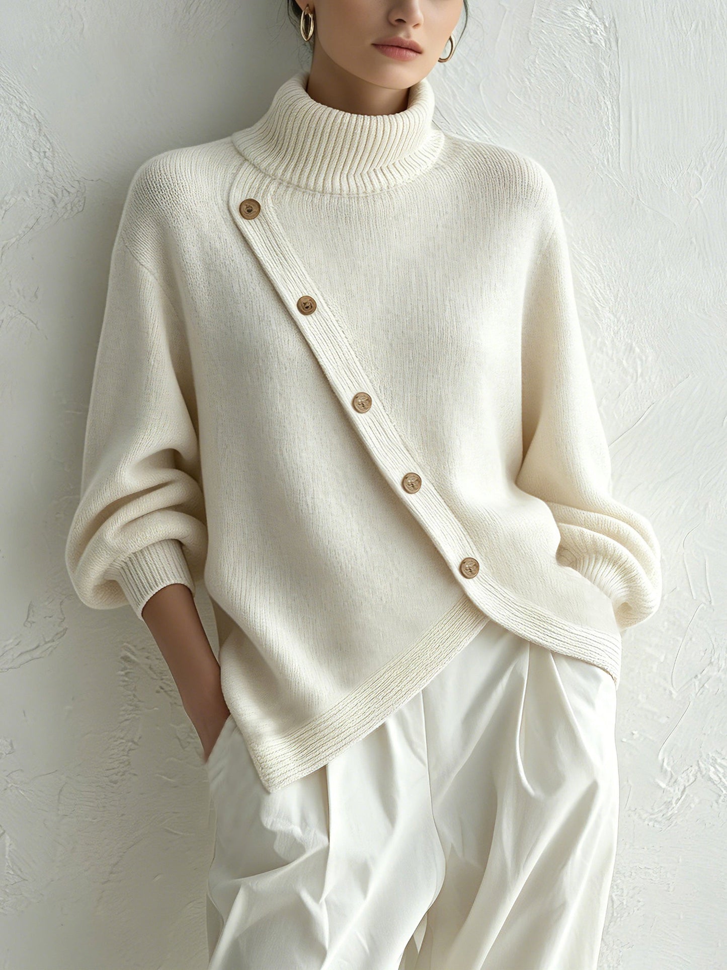White Oversized Turtleneck Sweater with Diagonal Wood Buttons
