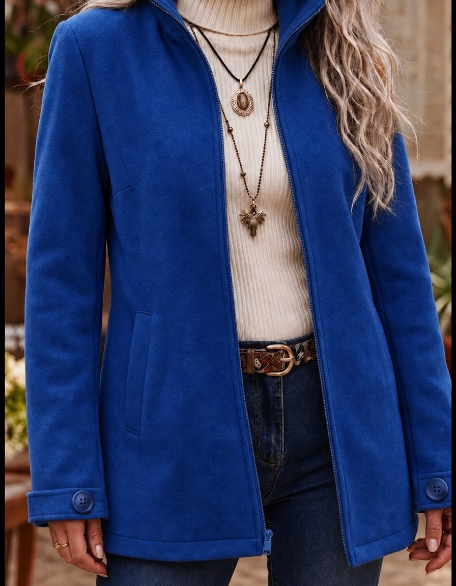 Zip-Up Wool Jacket with Stand Collar and Button Cuffs