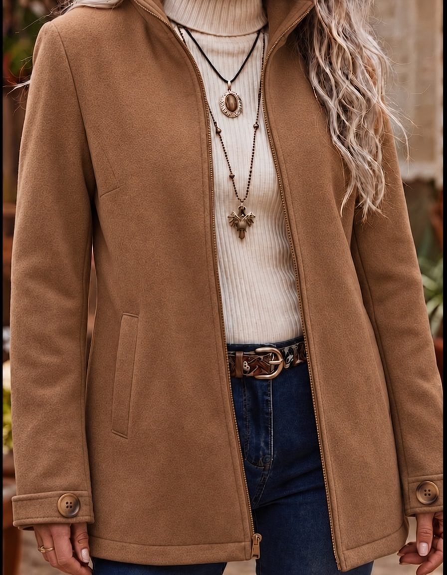 Zip-Up Wool Jacket with Stand Collar and Button Cuffs