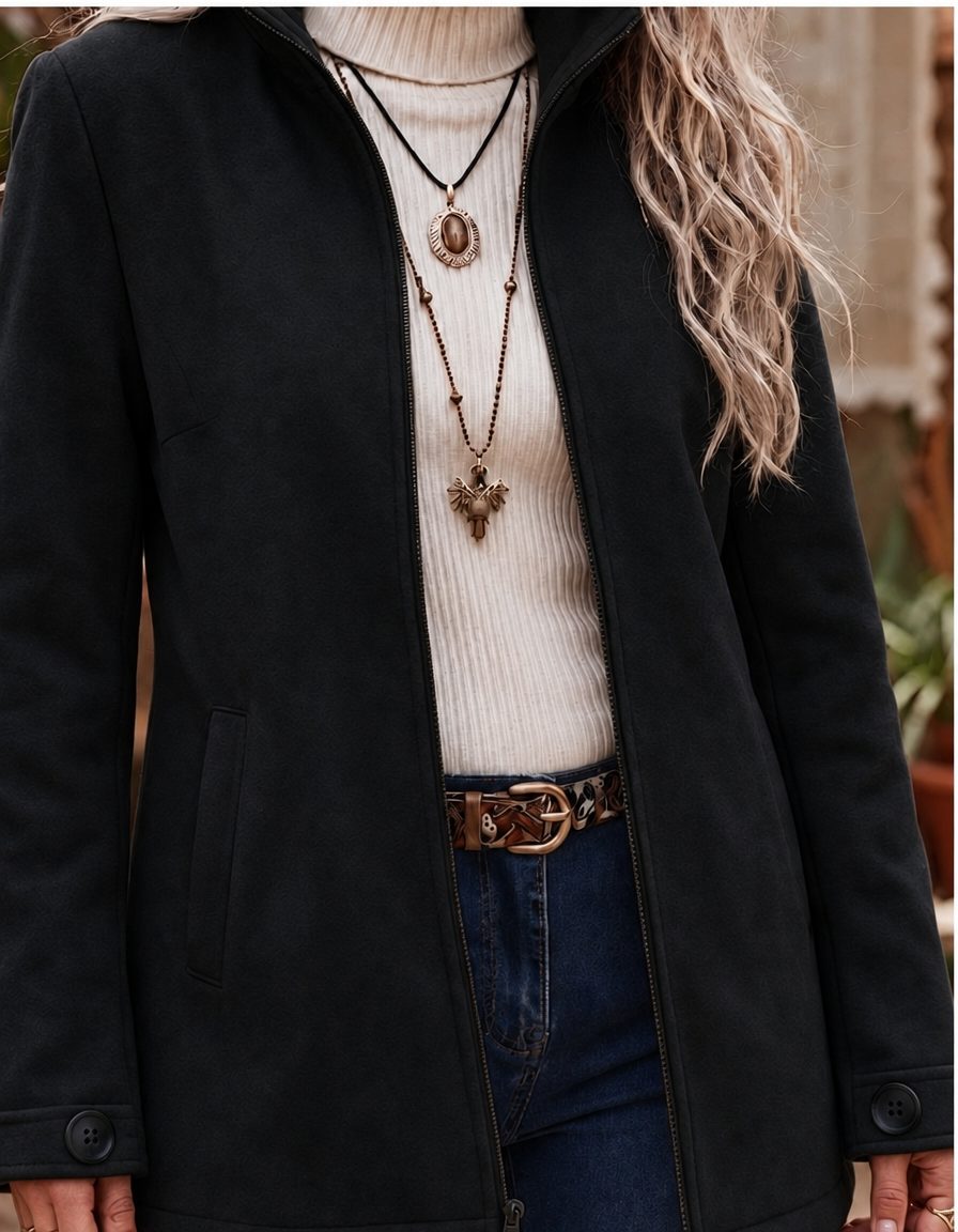 Zip-Up Wool Jacket with Stand Collar and Button Cuffs