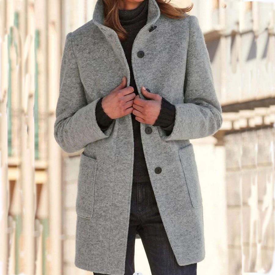 Women's Stand Collar Coat Button Front with Pockets