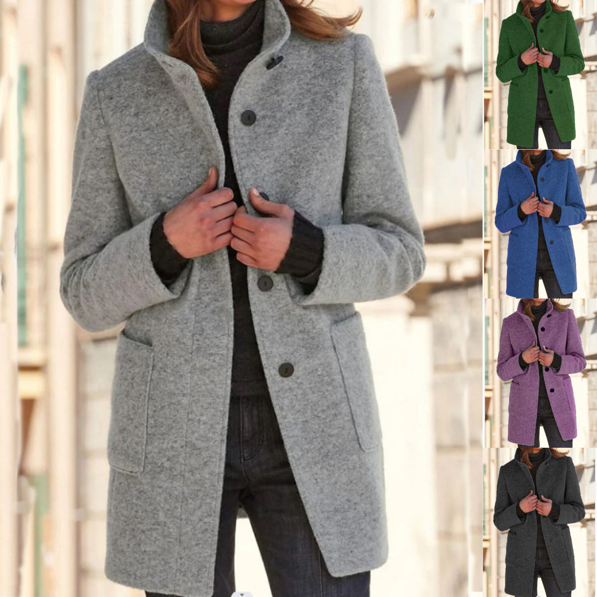 Women's Stand Collar Coat Button Front with Pockets