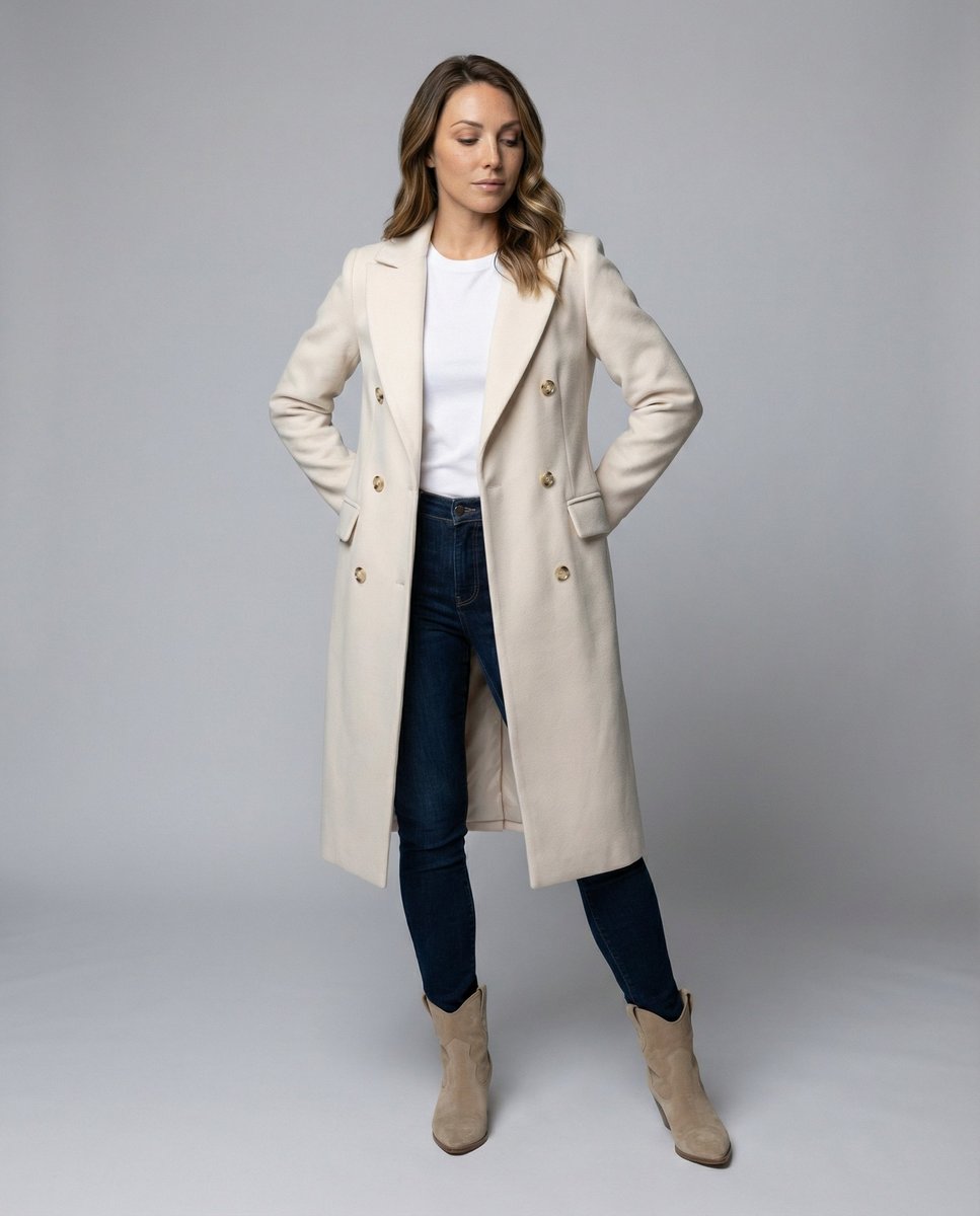 Women's Double-Breasted Longline Coat with Gold Buttons