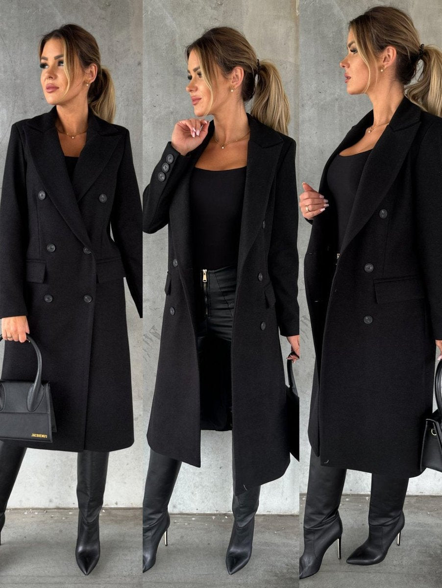 Women's Double-Breasted Longline Coat with Gold Buttons