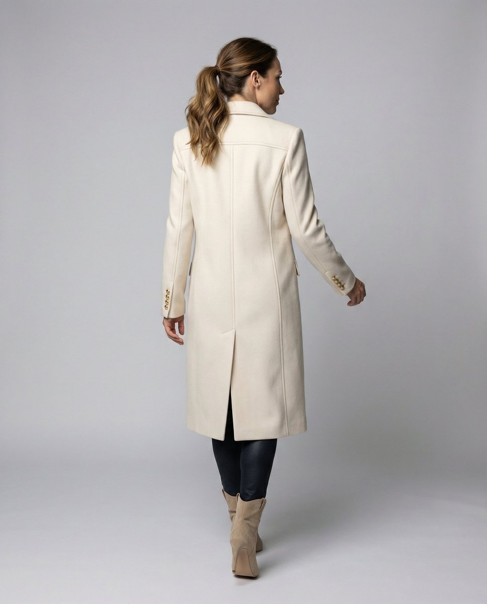 Women's Double-Breasted Longline Coat with Gold Buttons
